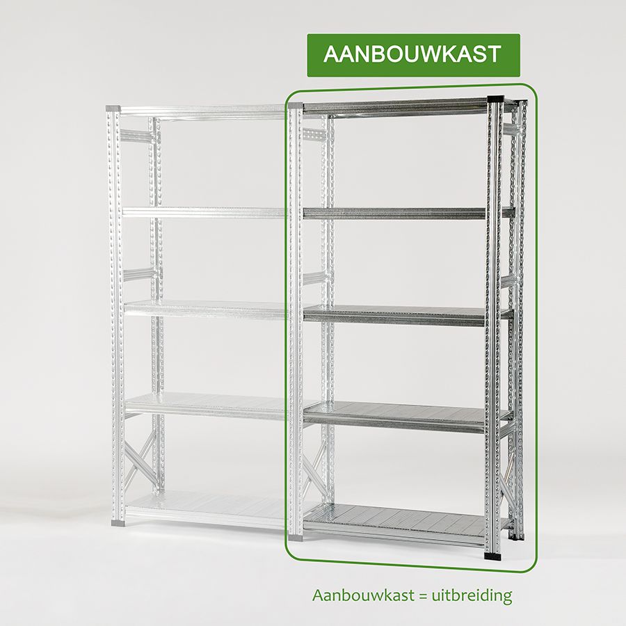 Metalen stellingkast opgebouwd uit een basiskast en meerdere kastvakken