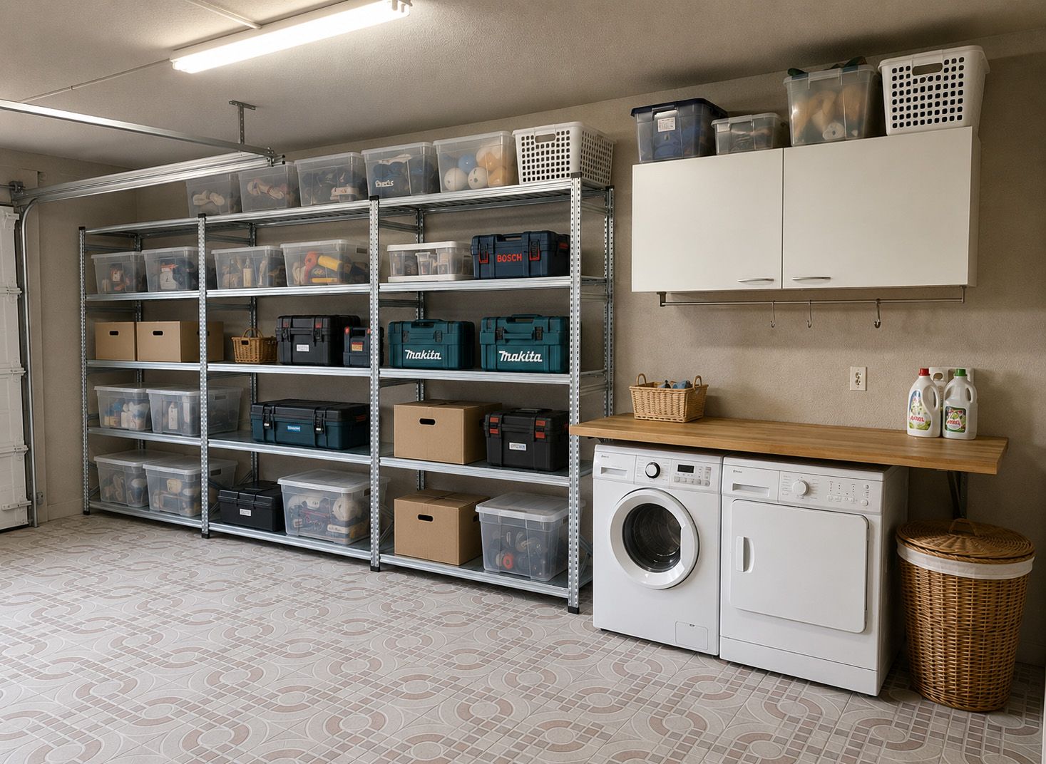 Stellingkast met gereedschap, verf, bakken en voorraad in garage of schuur