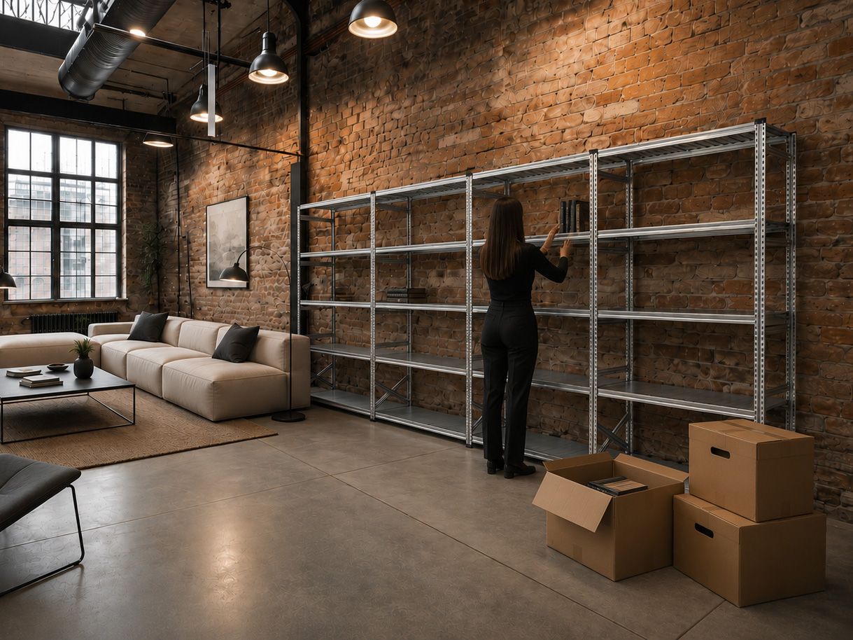 Lange metalen boekenkast in een industriële loft met bakstenen muren