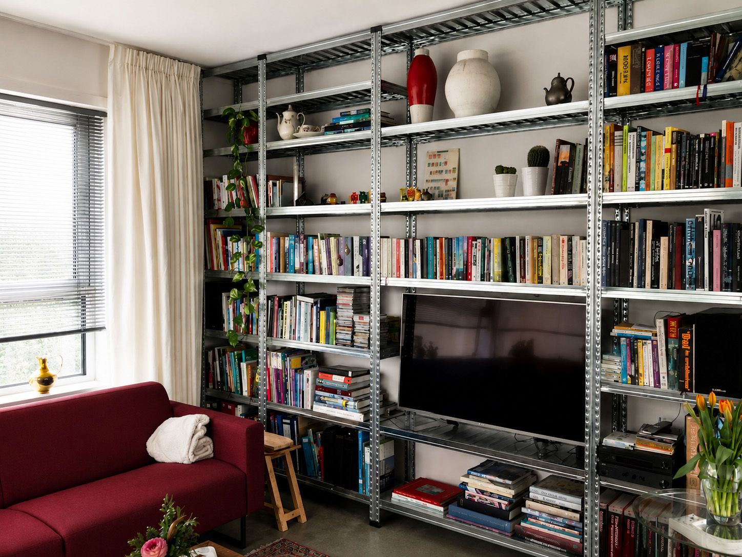 Metalen boekenkast met boeken, planten en woonaccessoires in een kleurrijke woonkamer